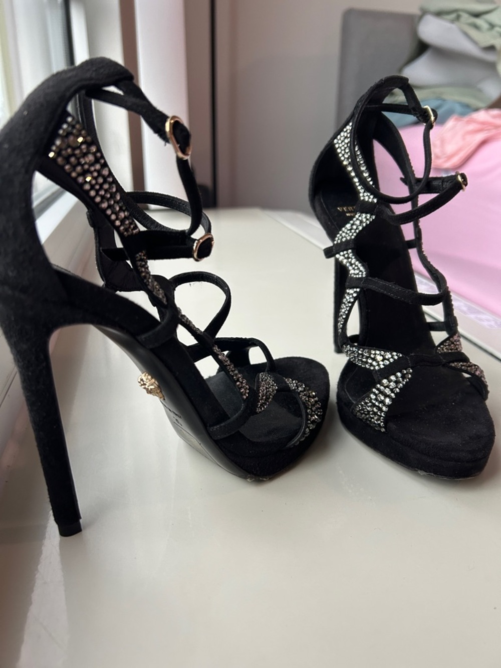 Black Crystal-Strap Women's High Heel Sandals